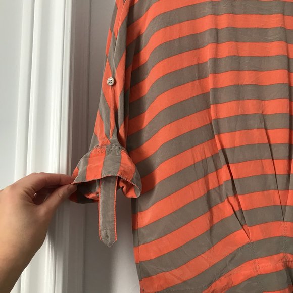 BCBGMaxAzria Orange and Grey Striped Silk Top 3/4 Sleeve (XS) - Picture 8 of 13